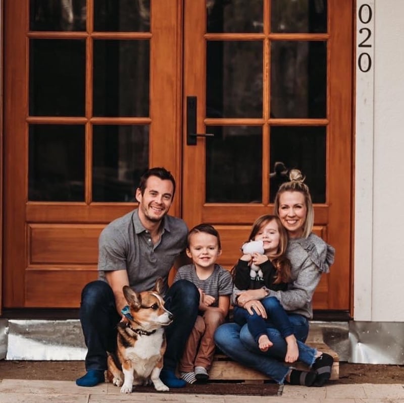 Derek Ryan, his wife Bonnie, and their children Zane and August with pets. Ryan is an NHL hockey player for the Edmonton Oilers.