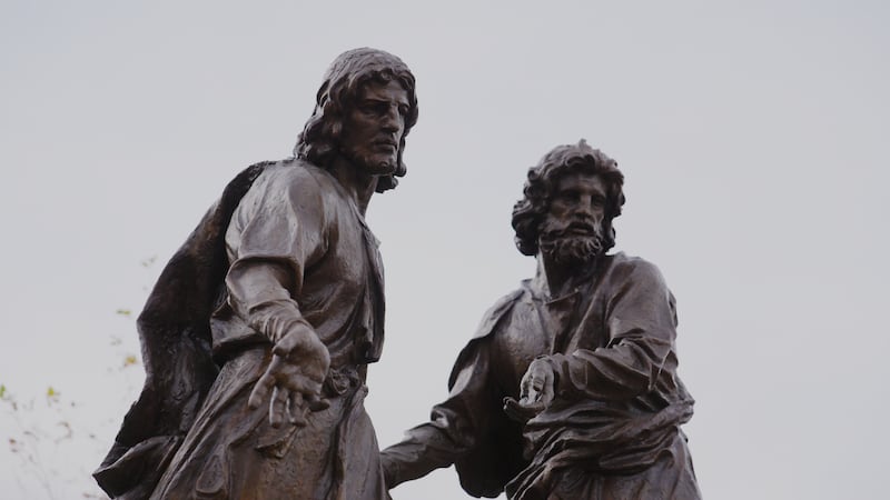 Heavenly Father and Jesus Christ are shown in the new First Vision sculpture on Temple Square in November 2024.
