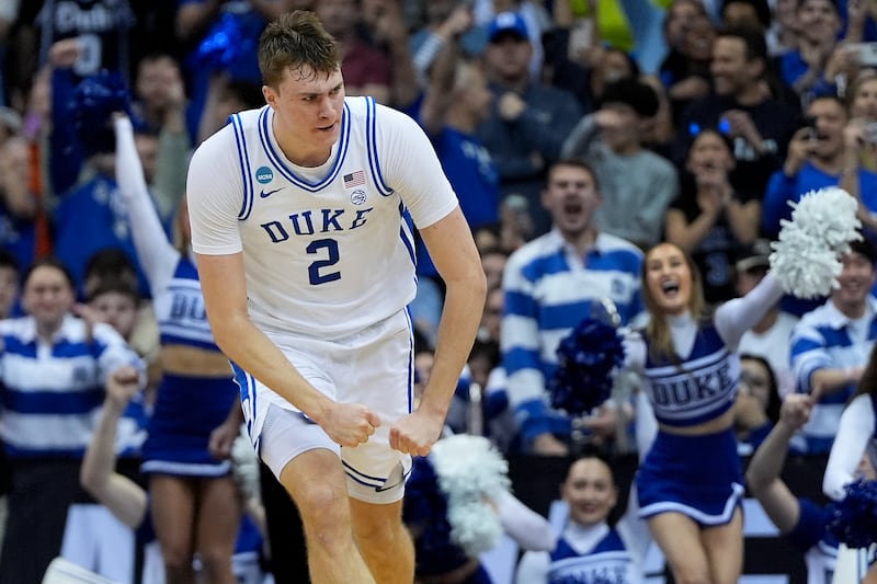 Duke forward Cooper Flagg (2) reacts during an Elite Eight game against Alabama, Saturday, March 29, 2025, in Newark, N.J.