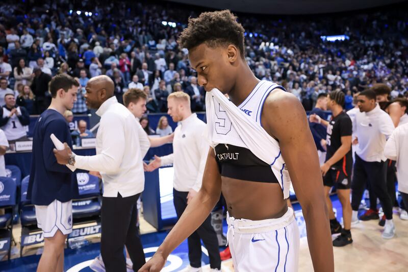 BYU Cougars guard Jaxson Robinson (2) comes off the court after the Cougars fell to the Gonzaga Bulldogs, 75-74, at the Marriott Center in Provo on Thursday, Jan. 12, 2023.