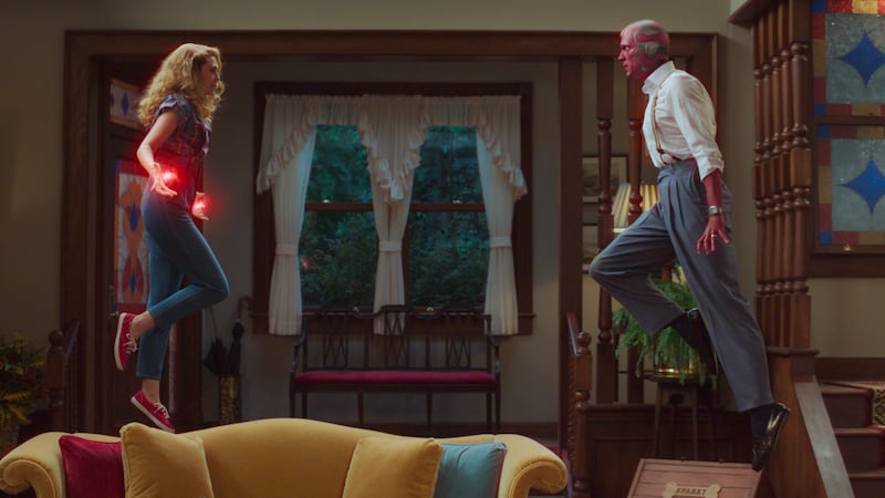 Paul Bettany as Vision and Elizabeth Olsen as Wanda Maxmoff in “WandaVision.”