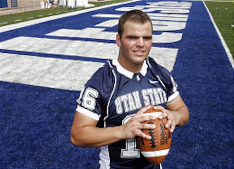 Michael Affleck is battling for the backup quarterback position at Utah State after stops at three other schools since playing at Timpview High School.