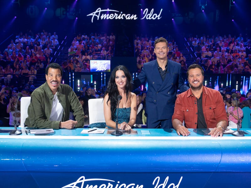 "American Idol" judges Lionel Richie, Katy Perry, "Idol" host Ryan Seacrest and judge Luke Bryan on the set of the reality competition show.
