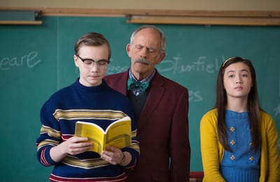 Charlie Plummer as Timmy Sanders, Christopher Lloyd as Professor Hargraves and Malia Tyler as Madeline Andrews in a scene from "Granite Flats."
