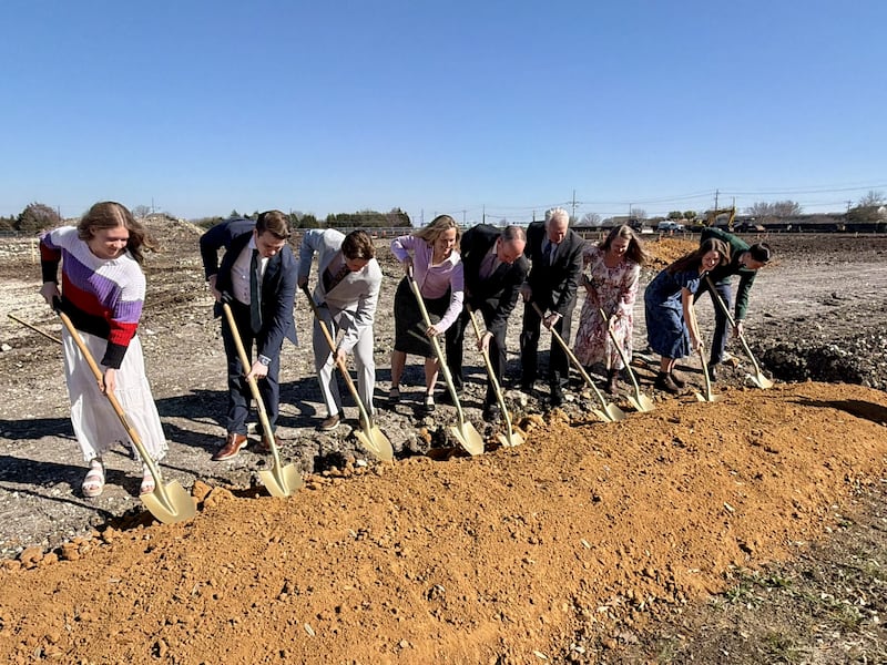 Elder Jonathan S. Schmitt — a General Authority Seventy and first counselor in the United States Southwest Area presidency of The Church of Jesus Christ of Latter-day Saints, fifth from left — and his wife, Sister Alexis Schmitt, fourth from left, ceremonially turn the soil on the site of the Fairview Texas Temple with local Church leaders and members in Fairview, Texas, on Saturday, Feb. 21, 2026.