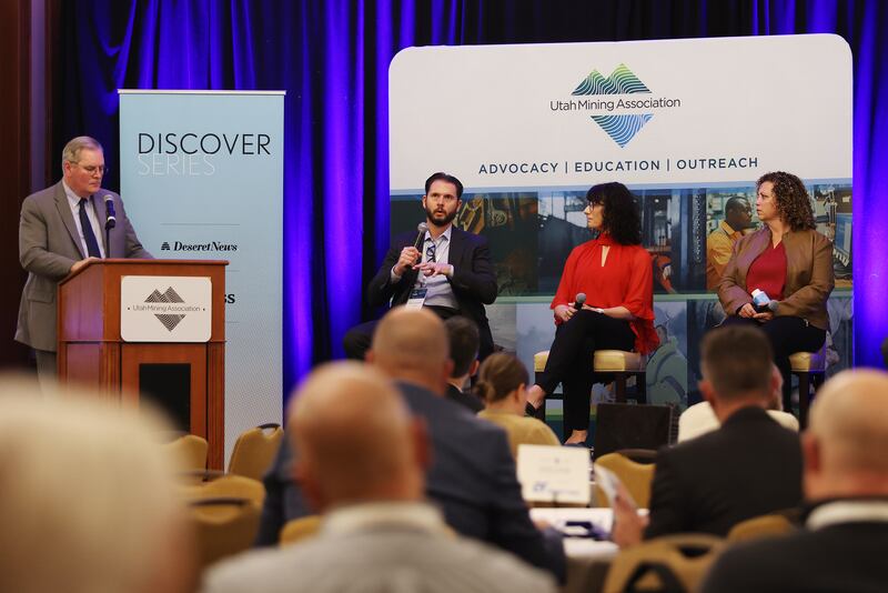 Deseret News Executive Editor Doug Wilks moderates a discussion during the Utah Mining Association annual meeting in Salt Lake City on Nov. 9, 2023.