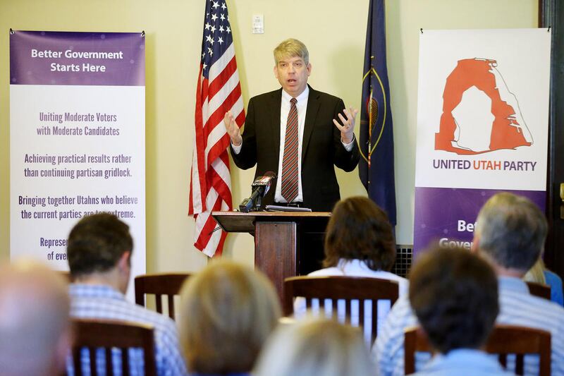 Jim Bennett, executive director, talks as a citizens’ group announces the formation of the United Utah Party — a new political party in Utah that aims to appeal to moderate Republicans, Democrats and independents who are dissatisfied with the current two-