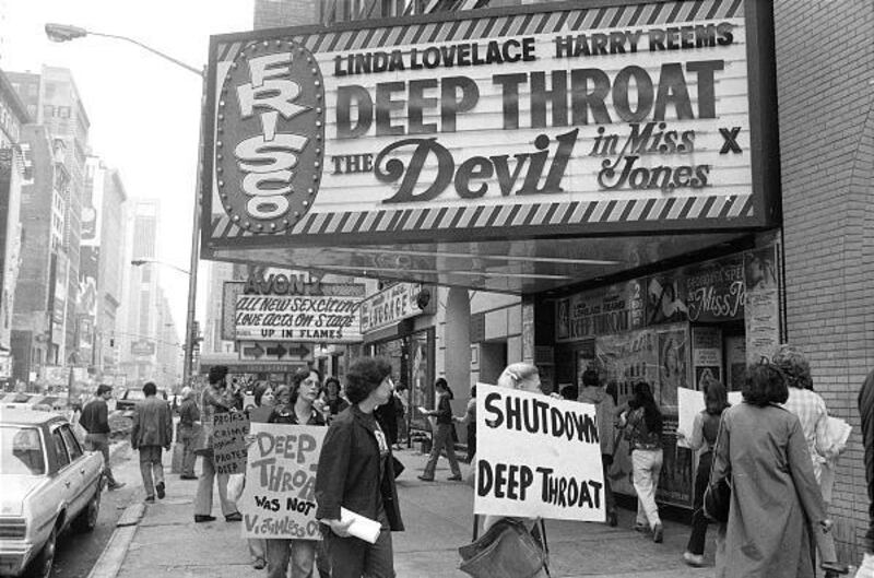 In this May, 1980 file photo, protesters picket the theater where the film "Deep Throat" is being shown.