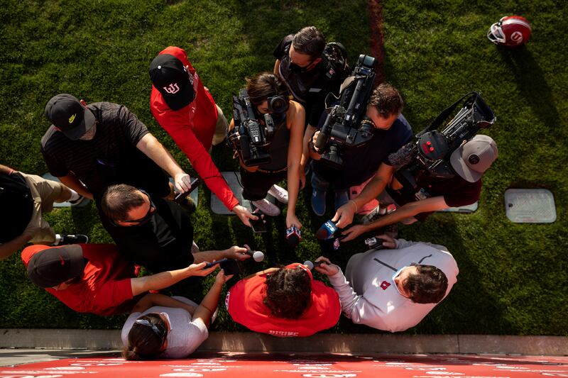 Utah quarterback Cameron Rising talks to the media after practice in Salt Lake City on Monday, Oct. 4, 2021.