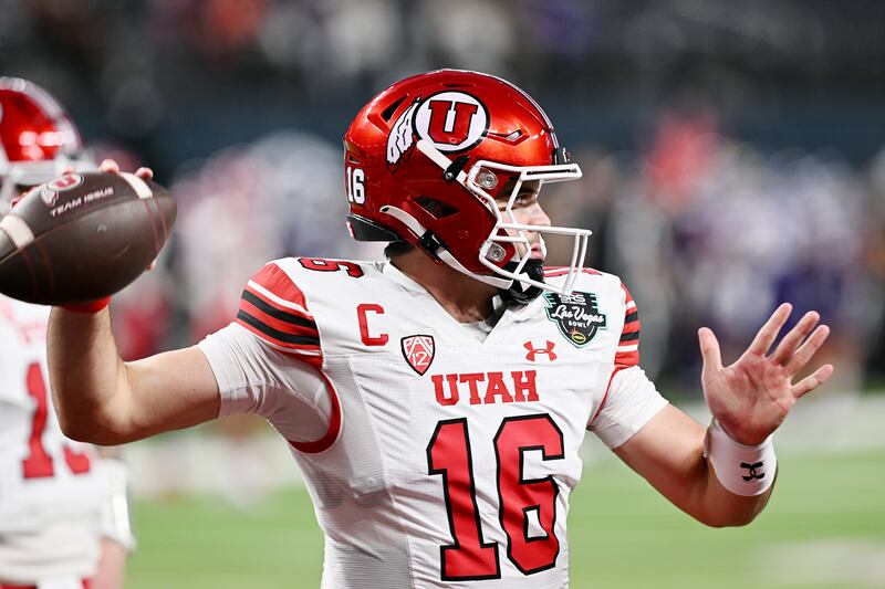 Utah Utes QB Bryson Barnes warms up as Utah and Northwestern prepare for the Distribution Las Vegas Bowl, Dec. 23, 2023.