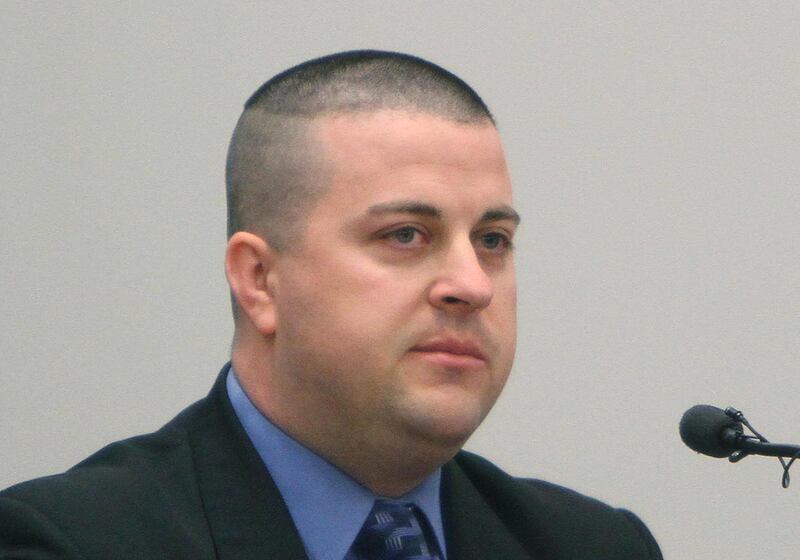 Sgt. Kevin Furlong of the Milford Police Department testifies during Christopher Gribble's trial at Hillsborough County Superior Court in Nashua, N.H. on Monday, March 21, 2011. Gribble is on trial for his role in the 2009 murder of Kimberly Cates and