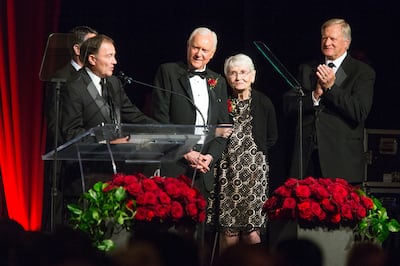 Sen. Orrin Hatch, R-Utah, and his wife Elaine Hatch listen to Gov. Gary Herbert at a ceremony honoring Orrin Hatch as the 39th Giant in Our City at the Grand America Hotel in Salt Lake City on Saturday, June 9, 2018. The Salt Lake Chamber, Utah's largest