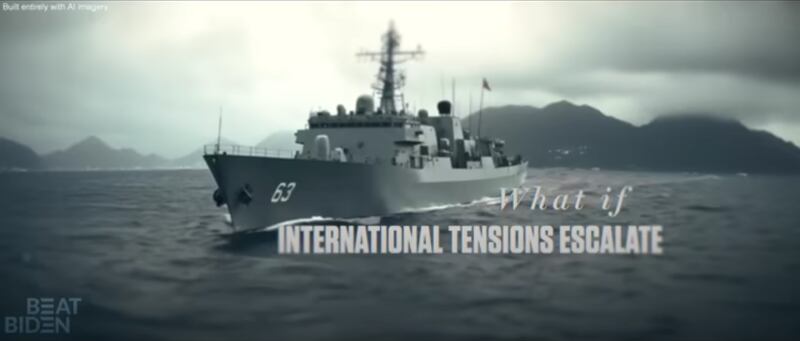 A screenshot from an ad featuring a battleship and the words “What if international tensions escalate.”