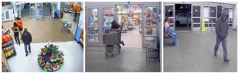 These Saturday, April 7, 2012 images made from surveillance camera and provided by the Phoenix Police Department show a suspect in a robbery and shooting entering and leaving a Phoenix Wal-Mart store. Police said a worker at the store was shot and killed