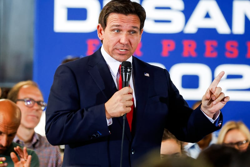 Republican presidential candidate and Florida Gov. Ron DeSantis speaks during a town hall in Cedar Rapids, Iowa, on Oct. 8, 2023.