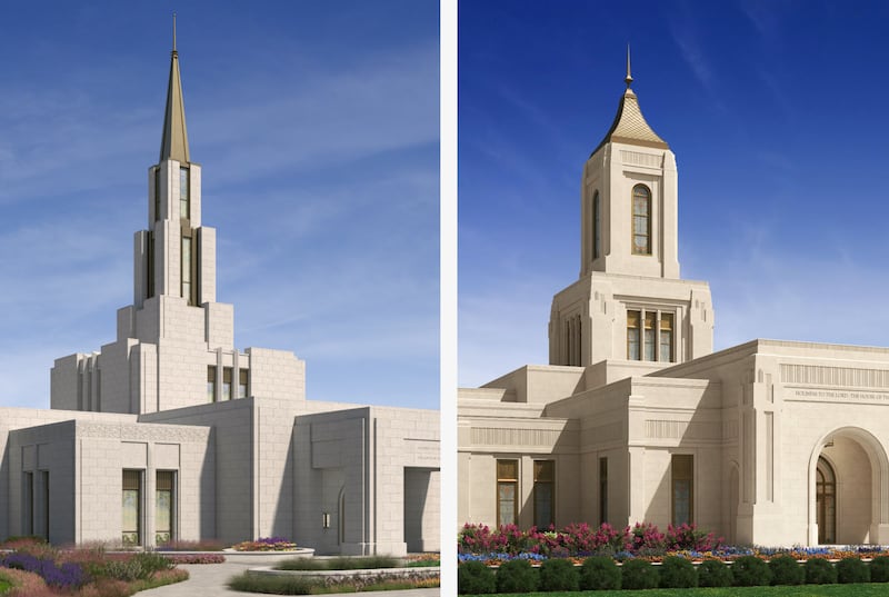 Architectural renderings of the Victoria British Columbia Temple, left, and Tulsa Oklahoma Temple, right.