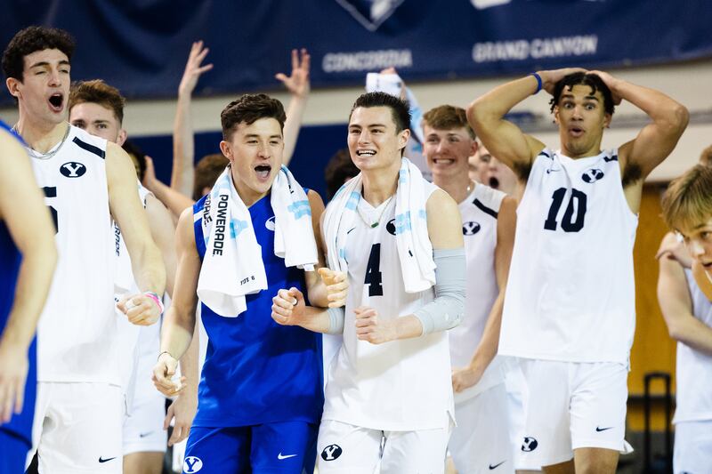 BYU players celebrate after a point during a match against UCSB at the Smith Fieldhouse in Provo on Friday, Feb. 10, 2023.