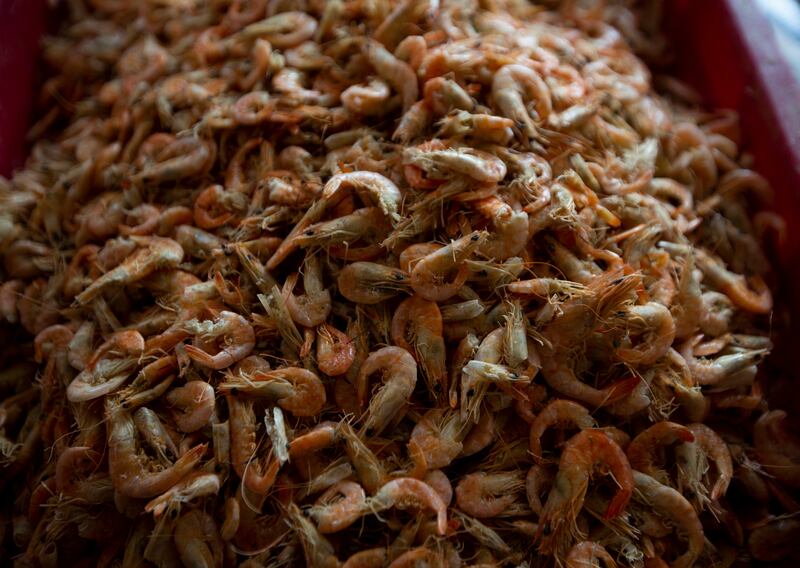 Dry shrimps is displayed for sale at a fish market in Mexico City, Thursday, April 9, 2020. (AP Photo/Fernando Llano)