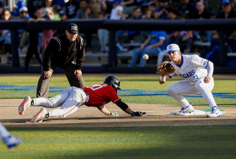 A BYU infielder prepares to make a catch at the bag during a game against Texas Tech at Miller Park May 16, 2025, in Provo.