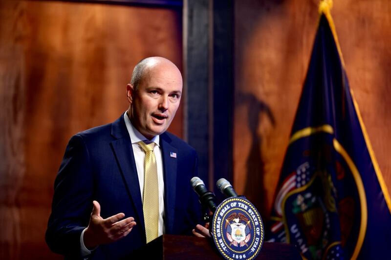 Gov. Spencer Cox speaks during his monthly news conference at PBS Utah in Salt Lake City on Thursday, April 21, 2022.