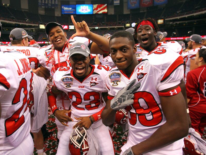 The Utes celebrate after beating Alabama to win the 2009 Allstate Sugar Bowl, at the Superdome, in New Orleans.
