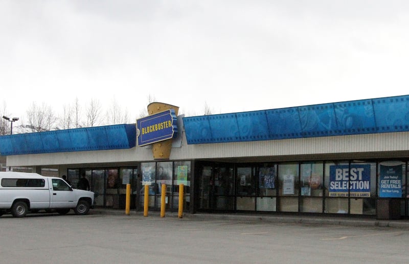 FILE - This May 2, 2018 file photo shows the exterior of a Blockbuster Video store in Anchorage, Alaska. Despite the gift of the jockstrap worn by actor Russell Crowe in the 2005 movie "Cinderella Man" from HBO's John Oliver to bring traffic into the stor