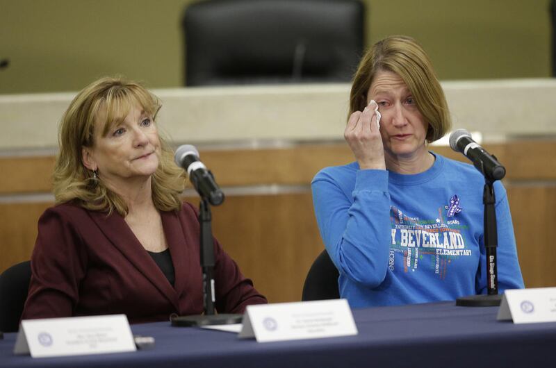 Denna Renbarger, left, and Jamie Strebing speak during a news conference Wednesday, Jan. 27, 2016, in Indianapolis. The group shared memories of Susan Jordan, the principal of Amy Beverland Elementary School, who was killed when a bus suddenly lurched for