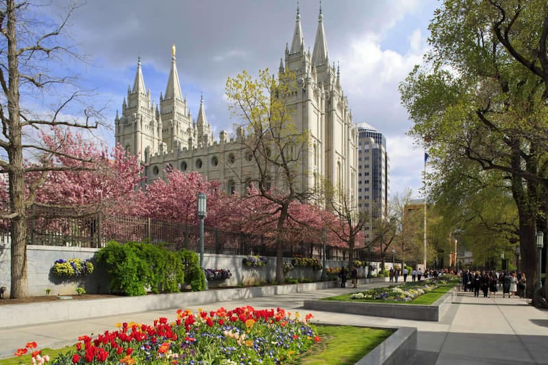 This springtime view looks southeast at the Salt Lake LDS Temple.