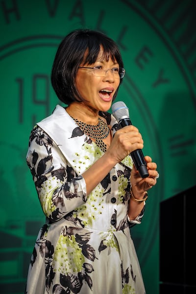 Astrid S. Tuminez talks to the crowd about her plans and her path to becoming the seventh president of Utah Valley University in Orem on Friday, April 20, 2018.