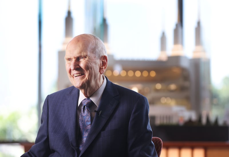President Russell M. Nelson is interviewed in the visitors’ center during the Washington D.C. Temple rededication in South Kensington, Md.