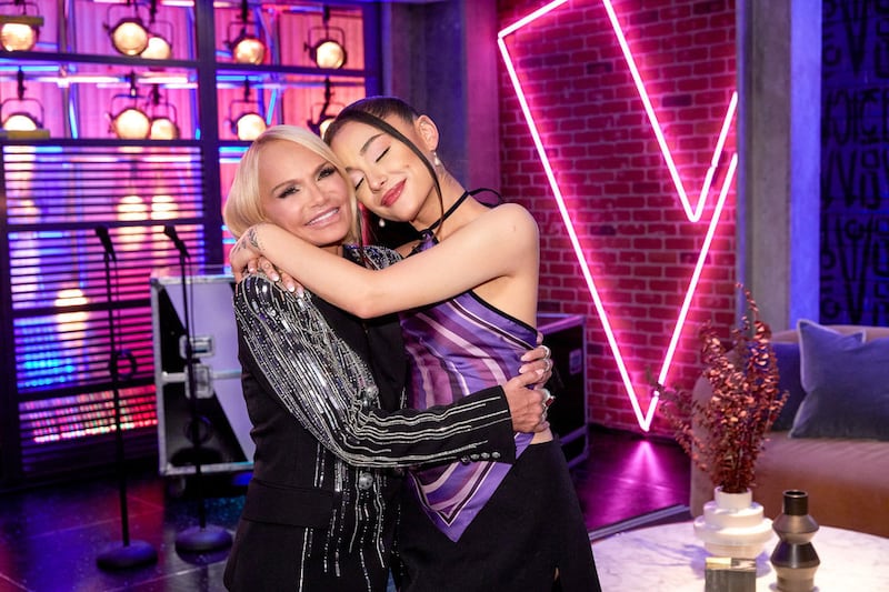 Kristin Chenoweth with Ariana Grande on the set of “The Voice.”