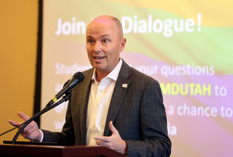 Gov. Spencer Cox speaks during a panel discussion about tolerance at the Utah Capitol in Salt Lake City on Oct. 30, 2023.