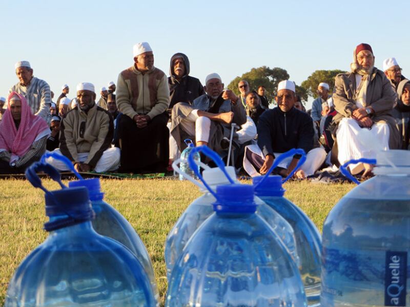 The Muslim Judicial Council South Africa joined Habibia Soofie Masjid and Masjidul-Quds to lead more than 1,000 Muslims in an early morning prayer for rain at the Rylands sports complex in Athlone, Cape Town, on Feb. 4, 2018. Worshippers donated bottled w