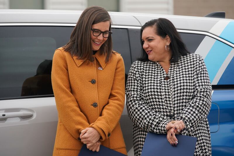 Salt Lake City Mayor Erin Mendenhall, left, and Salt Lake City Councilwoman Victoria Petro-Eschler chat during an event at the Northwest Community Center in Salt Lake City on Monday, to launch UTA On Demand for west-side neighborhoods.