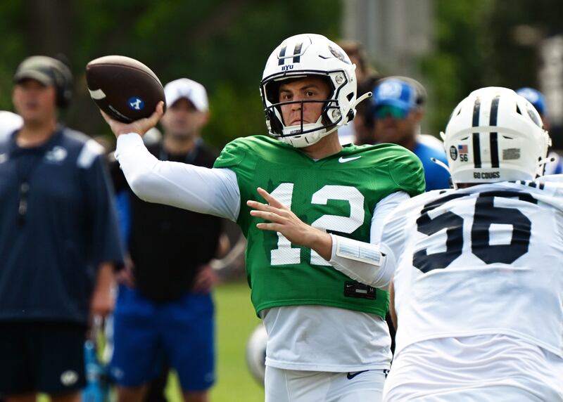 BYU Cougars quarterback Jake Retzlaff passes the ball during BYU’s practice in Provo on Tuesday, Aug. 8, 2023.