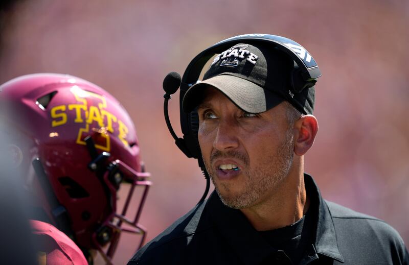 Iowa State coach Matt Campbell looks on during a timeout Saturday, Sept. 2, 2023, in Ames, Iowa.