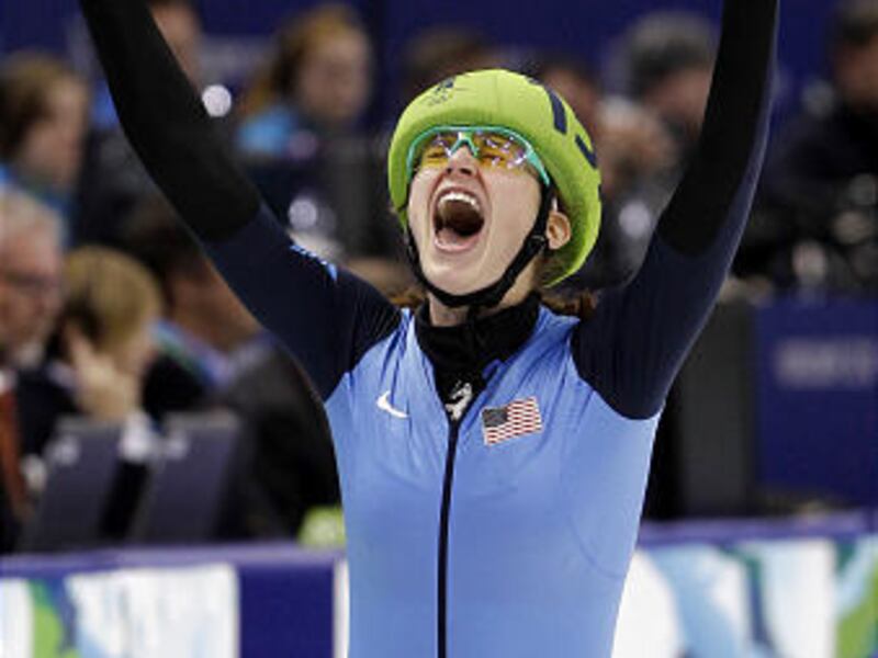 USA's Katherine Reutter reacts after winning the silver medal for the women's 1000m short track skating competition at the Vancouver 2010 Olympics in Vancouver, British Columbia, Friday.