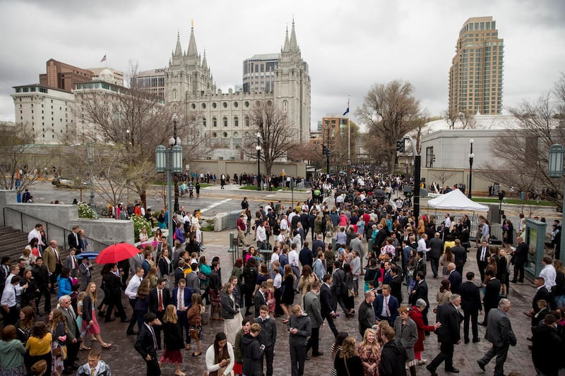 People leave after the Sunday afternoon session of the LDS Church"™s 187th Annual General Conference at the Conference Center in Salt Lake City on Sunday, April 02, 2017.