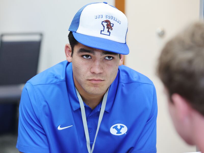 BYU receiver Puka Nacua is interviewed during BYU football media day in Provo on Wednesday, June 22, 2022.