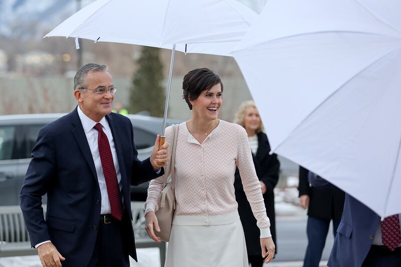 Elder Patrick Kearon and Sister Jennifer Kearon, arrive at the Orem Utah Temple dedication on Sunday, Jan. 21, 2024.