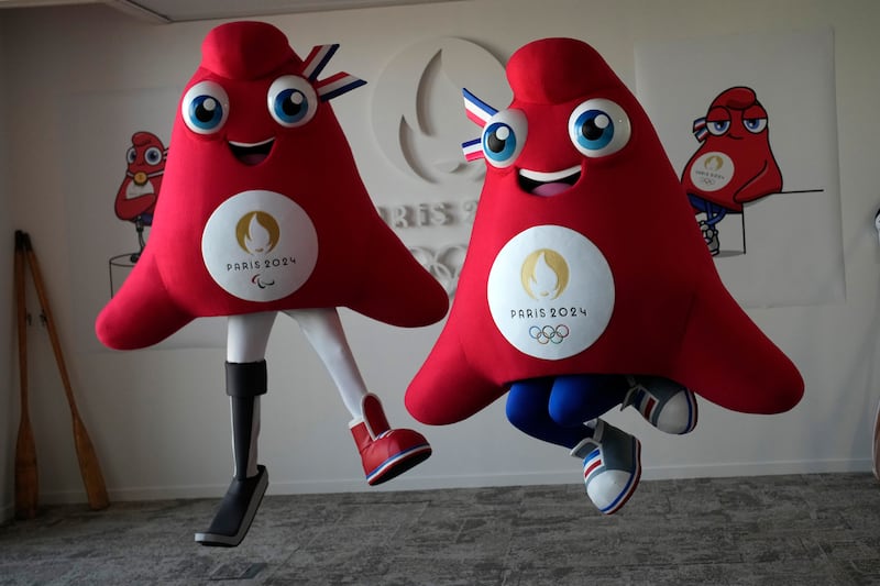 Mascots of the 2024 Paris Olympic Games and Paralympics Games, a Phrygian cap, jump during a preview in Saint Denis.