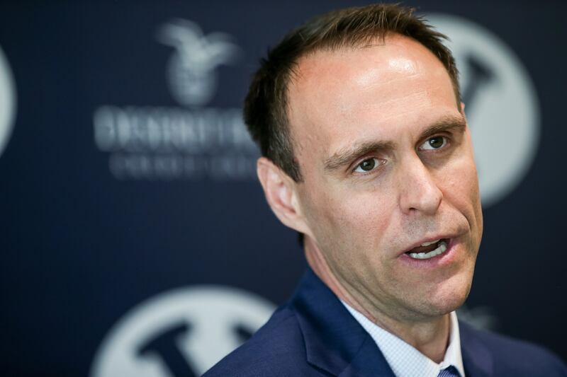 Newly hired BYU basketball assistant coach Chris Burgess speaks at a press conference at the Marriott Center Annex in Provo on Thursday, April 25, 2019.