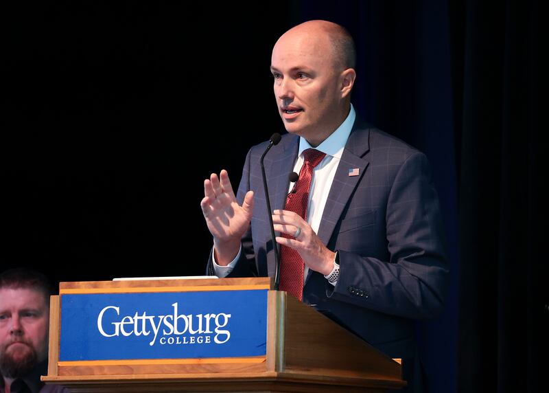 Gov. Spencer Cox speaks at the Braver Angels National Convention at Gettysburg College in Gettysburg, Pa., on Saturday, July 8, 2023.