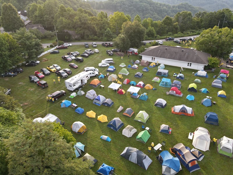 A drone captures an image of tents at a command center in eastern Kentucky where Latter-day Saint volunteers are camping while serving.