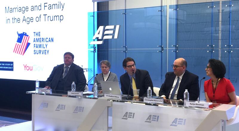 Panelists Jeremy Pope, BYU; Isabel Sawhill, Brookings Institution; Bradford Wilcox, National Marriage Project; Christopher Karpowitz, BYU; and Karlyn Bowman, American Enterprise Institute, discuss findings of the American Family Survey on Thursday, Nov. 1