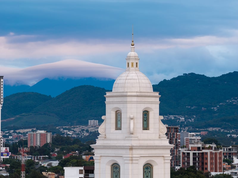 The tower atop the Miraflores Guatemala City Guatemala Temple.