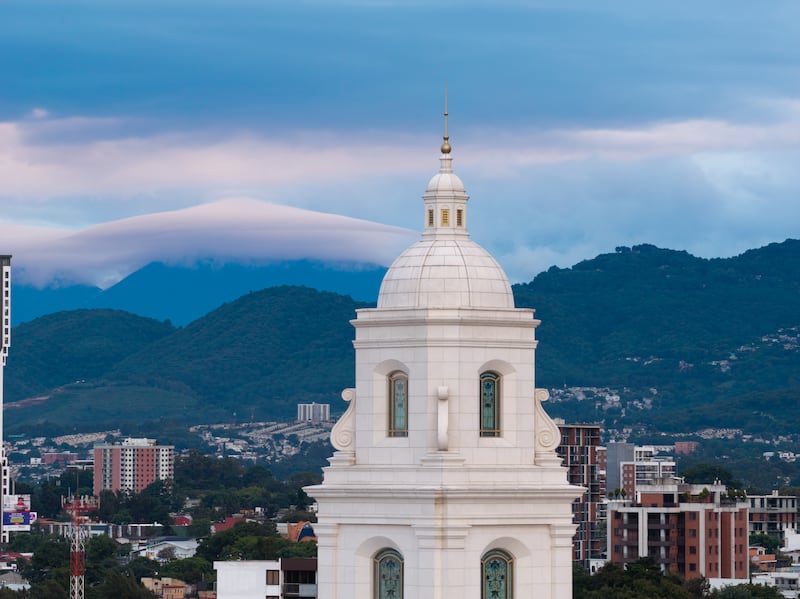 The tower atop the Miraflores Guatemala City Guatemala Temple.