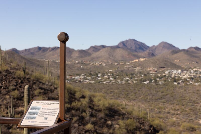 Jonathon Keats envisioned the Millennium Camera, seen here peering across the desert landscape toward the Star Pass neighborhood in Tucson, Arizona.