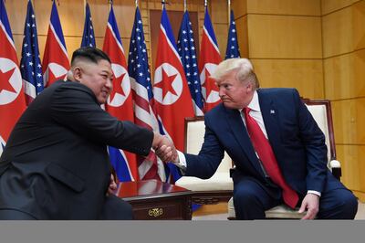 President Donald Trump meets with North Korean leader Kim Jong Un at the border village of Panmunjom in the Demilitarized Zone, South Korea, Sunday, June 30, 2019. (AP Photo/Susan Walsh)