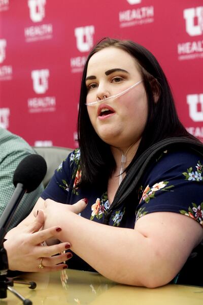 Aubree Butterfield, who was recently treated at the University of Utah Hospital for lipoid pneumonia linked to vaping, discusses her health during a press conference at the hospital in Salt Lake City on Tuesday, Aug. 6, 2019.